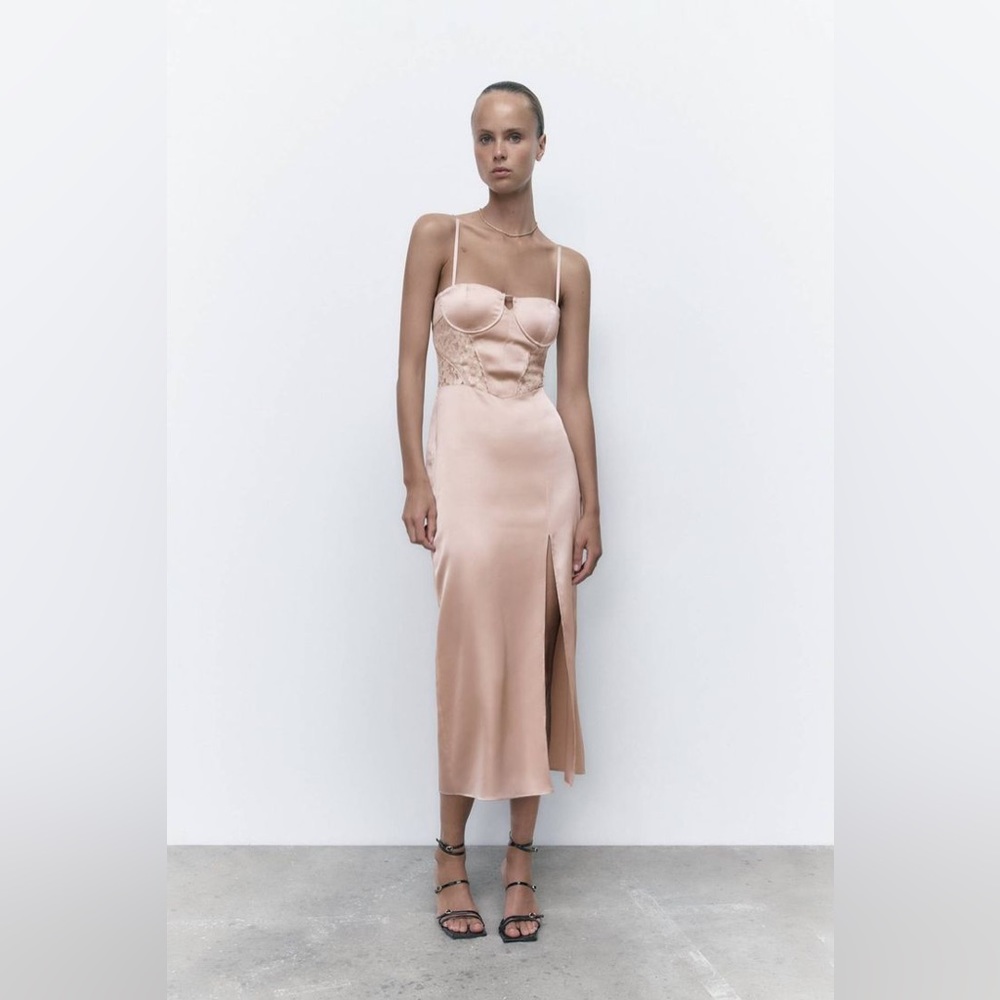 ZARA NWT Taupe Satin Floral Lace Corset Dress